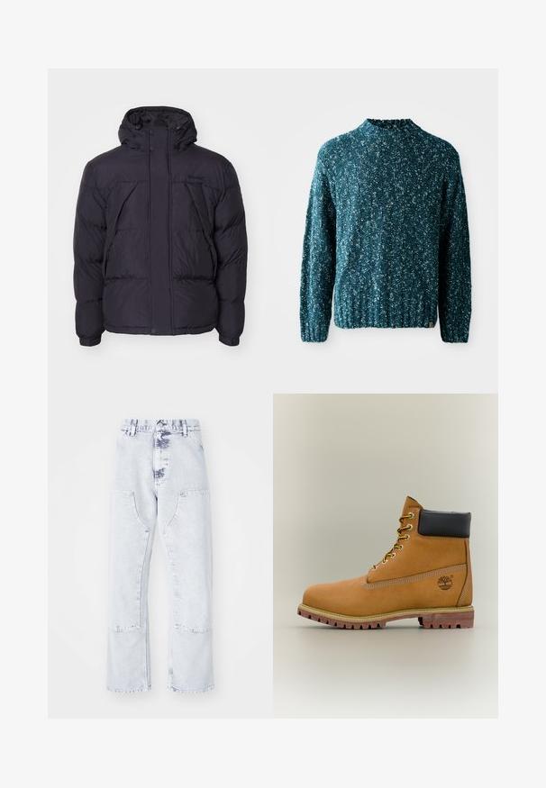 Čierna prešívaná bunda s kapucňou, s jemne lesklou textúrou, prešívaným vzorom a prednými gombíkmi. Logo Timberland na hrudi.; Tyrkysový pletený sveter s textúrovaným vzorom, vysokým golierom a rebrovaným lemom. Vyrobený z mäkkej látky s mierne voľným strihom.; Svetlo modré denimové rovné nohavice s náprsními vreckami, vysokým pásom a vyblednutým vzhľadom. Obsahuje tónové švíky a voľný strih.; Hnedá kožená členková členková obuv s čiernym golierom, žltými šnúrkami a béžovou podrážkou. Má logo a biele prešívanie. Hrubá podrážka s dobrým záberom.