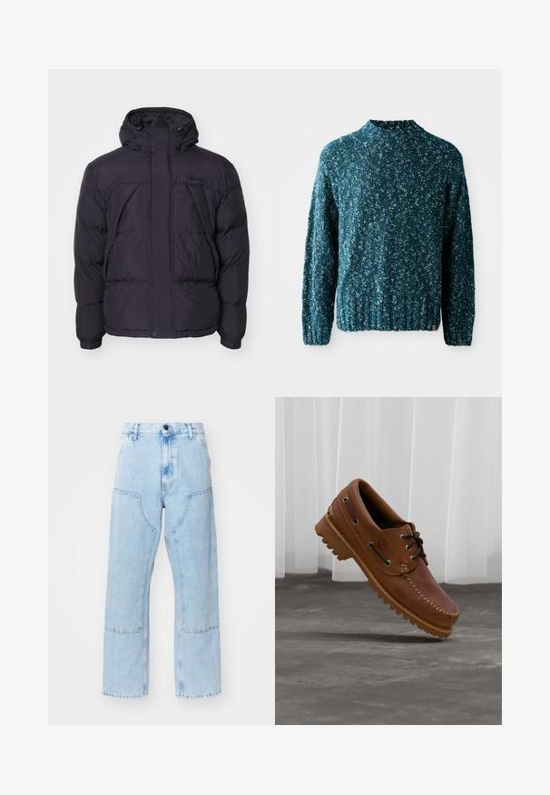 Sort puffersjakke med hætte, der har en let skinnende overflade, kviltet design og frontknapper. Timberland-logo på brystet.; Teal strikket sweater med et struktureret mønster, høj krave og ribkant. Fremstillet af et blødt stof med en let løs pasform.; Lyseblå, lige ben denim jeans med store forlommer og kontraststing. Stoffet har en lysnet, blød tekstur.; Brun læder bådsko med sorte snørebånd, beige syninger og en robust sål, hængende over en grå betongulv.