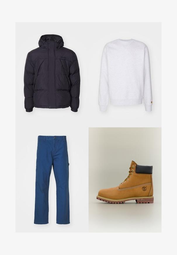 Schwarze Daunenjacke mit Kapuze, leicht glänzender Oberfläche, gestepptem Design und vorderen Knöpfen. Timberland-Logo auf der Brust.; Helles graues Sweatshirt mit Rundhalsausschnitt, langen Ärmeln, gerippten Bündchen und einem kleinen Logo-Patch nahe dem Saum. Aus weichem Stoff gefertigt.; Blaue Baumwolltwill-Hosen mit geradem Bein, mit einem Knopfverschluss und seitlichen Taschen. Glatte Textur, keine sichtbaren Muster oder Akzente.; Brauner Leder-Stiefelette mit schwarzem Kragen, gelben Schnürsenkeln und hellbrauner Sohle. Verfügt über ein Logo und weiße Ziernähe. Robuste Profilsohle.