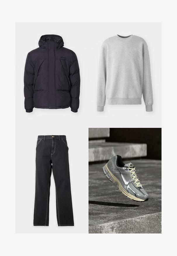 Zwarte pufferjack met capuchon, met een licht glanzende textuur, gestikte design en knopen aan de voorkant. Timberland-logo op de borst.; Grijze sweatshirt van zachte stof, met een ronde hals, geribde boorden en zoom, en een subtiele logo-accent op de voorkant.; Zwarte jeans met rechte pijpen, voorzakken, riemlussen en zichtbare witte stiksels op een effen lichtgrijze achtergrond.; Grijze en beige Nike hardloopschoen met witte veters en een grote witte swoosh, gepositioneerd alsof hij boven een betonnen oppervlak zweeft.