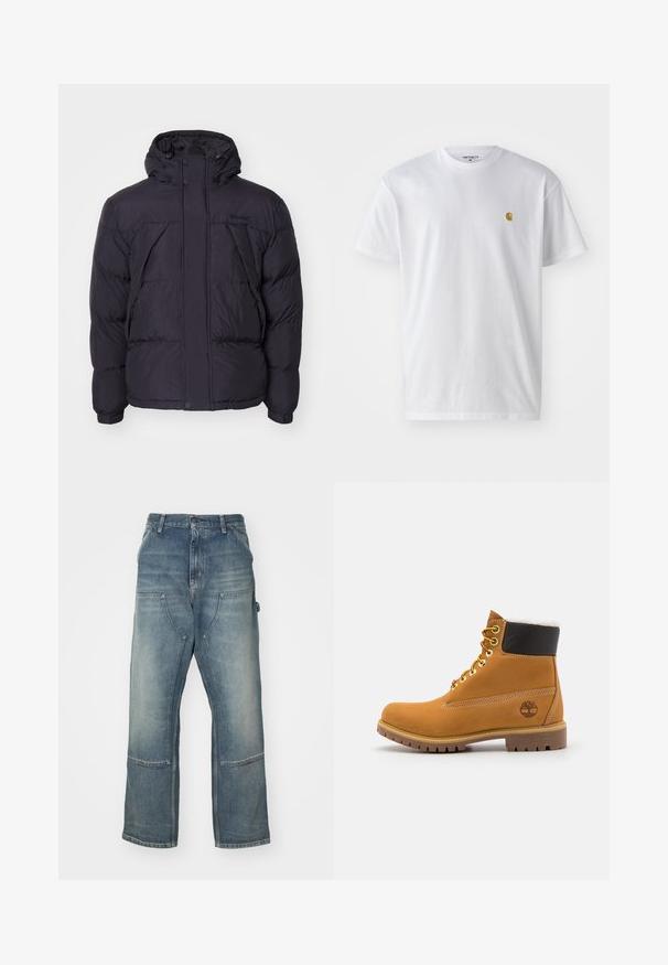 Sort puffersjakke med hætte, der har en let skinnende overflade, kviltet design og frontknapper. Timberland-logo på brystet.; Hvid bomulds t-shirt med korte ærmer, rund hals og et lille guld logo på venstre brystområde. Blød tekstur og almindelig pasform.; Lysblå jeans med afslappet pasform, lavet af denim. Har vide ben, store forlommer og kontraststing-detaljer.; Brune læder ankelstøvle med metaløjer, hvid pelsforing, sort polstret krave, robust sål og præget logo på siden.