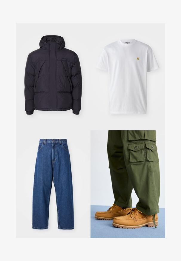 Sort puffersjakke med hætte, der har en let skinnende overflade, kviltet design og frontknapper. Timberland-logo på brystet.; Hvid bomulds t-shirt med korte ærmer, rund hals og et lille guld logo på venstre brystområde. Blød tekstur og almindelig pasform.; Denimwide-leg jeans i mørkeblå. Har høj talje, bæltestropper og klassisk fem-lommers design. Syet kant med en ren finish.; Timberland AUTHENTIC 3 EYE - Sejlersko - wheat