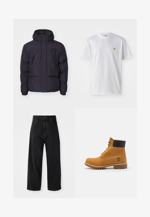 Must musta jope kapuuga, millel on kergelt läikiv tekstuur, tikandiga disain ja esiküljel nupud. Rinnal Timberlandi logo.; Valge puuvillane t-särk lühikeste varrukatega, ümmargune kaelus, millel on väike kuldne logo vasakul rinnal. Pehme tekstuur ja regulaarne lõike.; Mustad laiad denim püksid kõrge vöökohaga, esine nupp, lukku ja kollane õmblus taskutel ja saheedel.; Pruun nahast pahkluu saabas metallist silmadega, valge karvane vooder, must pehmendatud krae, robustne tallal ja küljes reljeefne logo.
