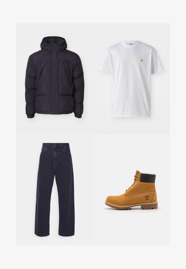 Sort puffersjakke med hætte, der har en let skinnende overflade, kviltet design og frontknapper. Timberland-logo på brystet.; Hvid bomulds t-shirt med korte ærmer, rund hals og et lille guld logo på venstre brystområde. Blød tekstur og almindelig pasform.; Mørk vaske denim jeans med en bred ben silhuet, høj talje og fem-lomme design. Har en klassisk knap- og lynlåslukning.; Brune læder ankelstøvle med metaløjer, hvid pelsforing, sort polstret krave, robust sål og præget logo på siden.