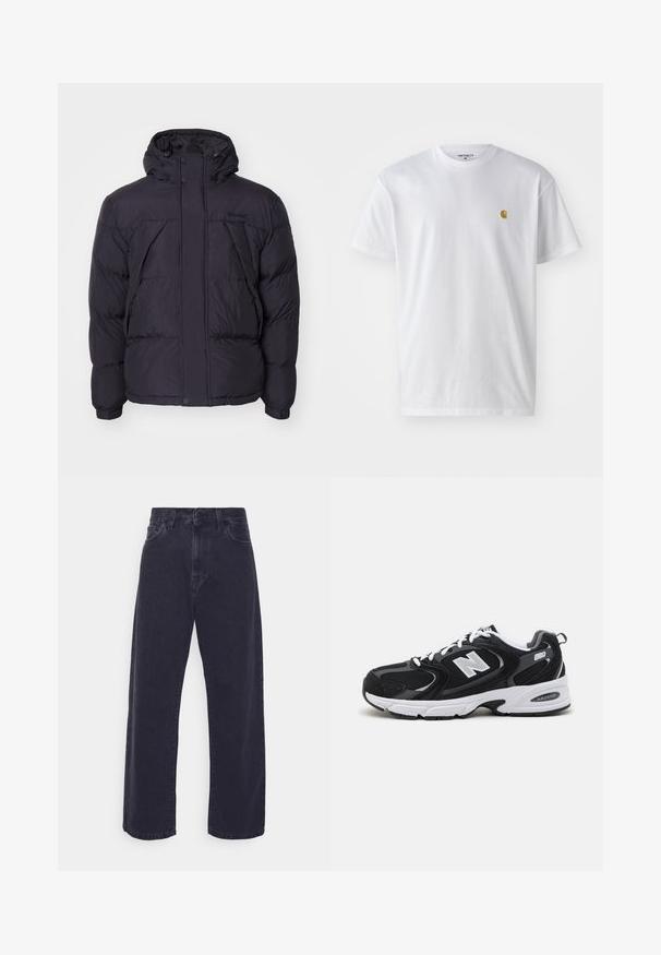 Schwarze Daunenjacke mit Kapuze, leicht glänzender Oberfläche, gestepptem Design und vorderen Knöpfen. Timberland-Logo auf der Brust.; Weißes Baumwoll-T-Shirt mit kurzen Ärmeln, Rundhalsausschnitt, mit einem kleinen goldenen Logo im linken Brustbereich. Weicher Stoff und normale Passform.; Dunkelblaue Jeans mit weitem Bein, hoher Taille und Fünf-Taschen-Design. Mit einer klassischen Knopf- und Reißverschlussöffnung ausgestattet.; Schwarze und graue Sportschuhe mit Obermaterial aus Mesh und Wildleder, ausgestattet mit einer weißen Zwischensohle, Schnürsenkeln und einem markanten "N"-Logo an der Seite.