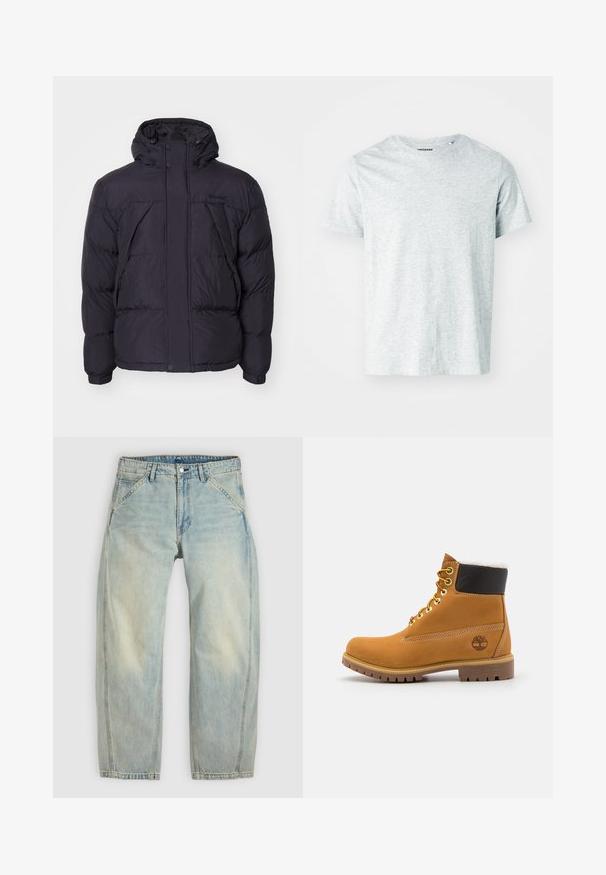 Sort puffersjakke med hætte, der har en let skinnende overflade, kviltet design og frontknapper. Timberland-logo på brystet.; Lys grå, kortærmet t-shirt lavet af blødt stof, med en rund hals og en let afslappet pasform. Ingen synlige mønstre eller grafik.; Lys blå jeans med vide ben lavet af denim. Har fem lommer, en knaplukning og falmede områder for et brugt udseende.; Brune læder ankelstøvle med metaløjer, hvid pelsforing, sort polstret krave, robust sål og præget logo på siden.