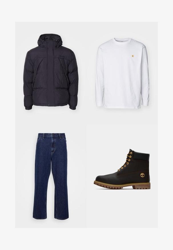 Must musta jope kapuuga, millel on kergelt läikiv tekstuur, tikandiga disain ja esiküljel nupud. Rinnal Timberlandi logo.; Valge pika varrukaga T-särk, mis on valmistatud puuvillast. Rinnal on väike kuldne logo ja ümar kaelus. Lihtne disain ja standardne lõige.; Tumed sinised teksad sirge jalgade disainiga, millel on nupplukustus, viie tasku stiil ja märkamatud õmbluse detailid.; Must have kuld moodustatud mustast nahast pahkluu saapad kullavärvi silmadega, pruuni aktsentidega ja kummitald. Omab pehmendatud krae ja kõrvale reljeefset logo.
