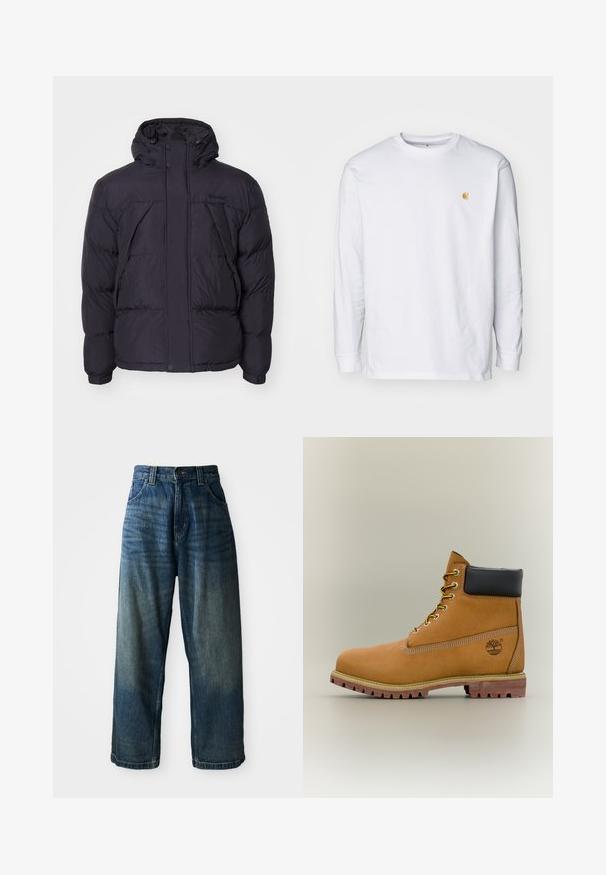 Sort puffersjakke med hætte, der har en let skinnende overflade, kviltet design og frontknapper. Timberland-logo på brystet.; Hvid langærmet t-shirt lavet af bomuld. Har et lille gyldent logo på brystet og en rund halsudskæring. Enkel design og standard pasform.; Bredde ben blå denimjeans med en falmet finish. Har fem lommer, knaplukning og kontrasterende syninger. Tyk stof.; Brun læderankelstøvle med sort krave, gule snørebånd og tanfarvet sål. Har logo og hvide syninger som detalje. Robust ydersål med greb.