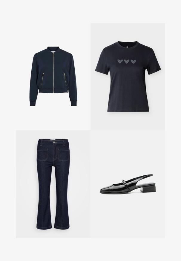 Marineblau bomberjacke aus glattem stoff, mit einem frontreißverschluss, zwei seitlichen reißverschlusstaschen und gerippten bündchen sowie saum. Goldene reißverschlussakzente.; Schwarzes kurzärmliges T-Shirt aus Baumwolle mit drei Reihen von Herzmotiven aus Strasssteinen über der Brust, die eine glatte Textur zeigen.; Dunkelblaue Jeans aus Denim mit vorderen aufgesetzten Taschen, Kontrastnähten, Gürtelschlaufen, Knopfverschluss und leicht ausgestellt geschnittenen Beinen.; Schwarzer Slingback-Schuh aus Lackleder mit niedrigem Blockabsatz und dünnem Riemen mit silberner Schnalle oben.