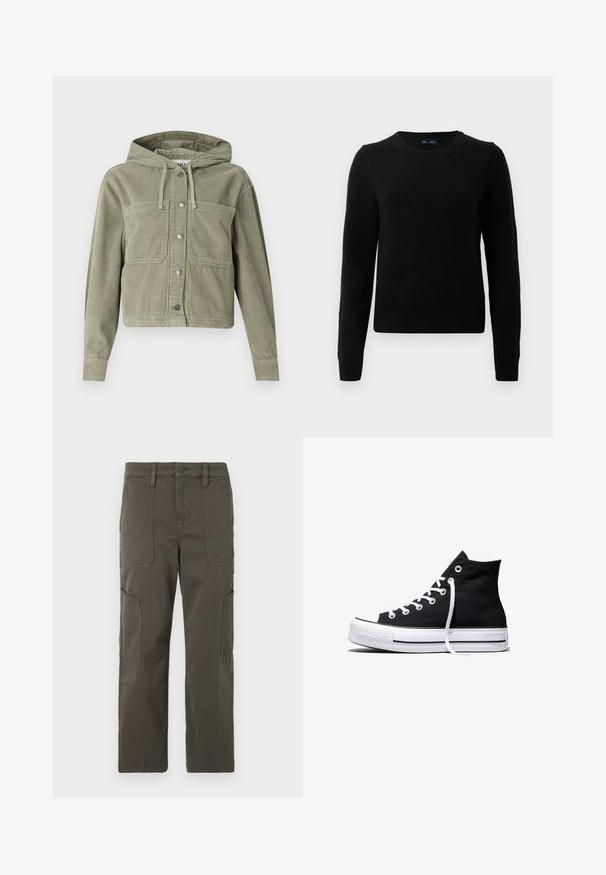 Olivgrüne Cordjacke mit Kapuze, mit durchgehendem Knopfverschluss, zwei Brusttaschen und geripptem Stoff. Taillierte, cropped Passform.; Schwarzer Strickpullover mit Rundhalsausschnitt, langen Ärmel und gerippten Säumen. Der Stoff wirkt weich mit einer glatten Textur.; Good American CROPPED PANTS - Cargohose - fatigue; Schwarzer High-Top-Canvas-Sneaker mit weißer Gummisohle und weißen Schnürsenkeln, seitlich dargestellt vor weißem Hintergrund.