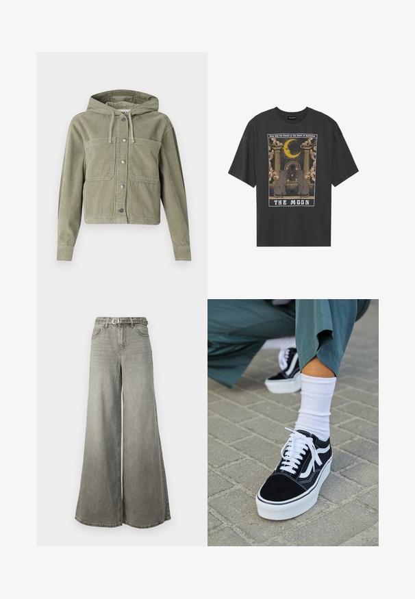Olivgrüne Cordjacke mit Kapuze, mit durchgehendem Knopfverschluss, zwei Brusttaschen und geripptem Stoff. Taillierte, cropped Passform.; Dunkelgraues, übergroßes T-Shirt mit einem grafischen Druck, der einen Halbmond, Säulen und zwei Katzen zeigt. Darunter steht "DER MOND."; Vero Moda Tall VMANNET WIDE BELT - Wide Leg - medium grey denim; Schwarze Wildledersneaker mit weißen Akzenten und Schnürsenkeln, ausgestattet mit einer dicken weißen Sohle und kontrastierenden Nähten, kombiniert mit einer weißen Socke.