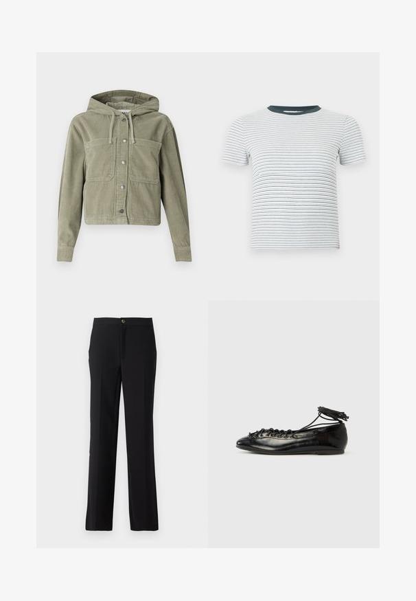 Olivgrüne Cordjacke mit Kapuze, mit durchgehendem Knopfverschluss, zwei Brusttaschen und geripptem Stoff. Taillierte, cropped Passform.; Weißes kurzärmeliges T-Shirt aus Rippstrick mit dünnen, horizontalen schwarzen Streifen und einem einfarbigen, dunkelgrauen Rundhalsausschnitt.; Schwarze Hose mit geradem Bein, aus glattem Stoff gefertigt. Verfügt über einen vorderen Knopfverschluss und seitliche Taschen.; Schwarze Ballerinas aus Lackleder mit runder Spitze, Schnürdesign und flacher Sohle. Glatte Textur mit minimaler Verzierung.