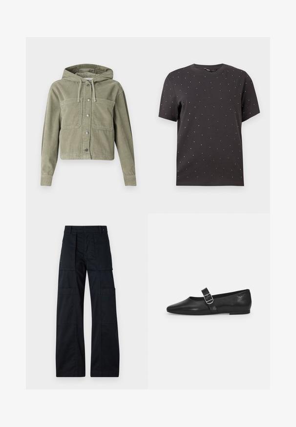 Olivgrüne Cordjacke mit Kapuze, mit durchgehendem Knopfverschluss, zwei Brusttaschen und geripptem Stoff. Taillierte, cropped Passform.; Schwarzes T-Shirt mit kurzen Ärmeln, runder Halslinie und verstreuten metallischen Nietenakzenten auf der Vorderseite, aus weichem Baumwollmaterial gefertigt.; Schwarze Cargo-Hosen mit weitem Bein, ausgestattet mit mehreren großen Taschen, einem geschnittenen Bund und einer glatten Baumwolltextur.; Schwarzer Lederflatschuh mit runder Zehenform, einem verstellbaren Schnallenriemen und einer glatten, glänzenden Oberfläche. Minimalistisches Design mit einem niedrigen Absatz.