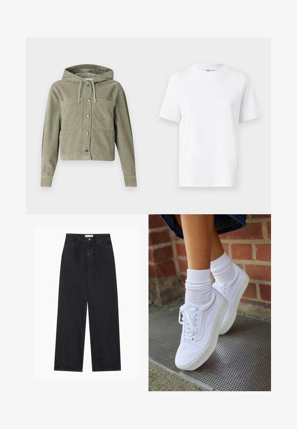 Olivgrüne Cordjacke mit Kapuze, mit durchgehendem Knopfverschluss, zwei Brusttaschen und geripptem Stoff. Taillierte, cropped Passform.; Weißes Baumwoll-T-Shirt mit Rundhalsausschnitt, kurzärmlig und mit glatter Textur. Entworfen mit einer lockeren Passform für Komfort und Vielseitigkeit.; Schwarze hoch geschnittene, weit geschnittene Jeans aus Denim mit Vorderknopf- und Reißverschluss, Gürtelschlaufen und fünf Taschen.; Weiße Leinensneaker mit Gummisohlen, ausgestattet mit sechs Ösen, runder Zehenpartie und dezenten Nähten, kombiniert mit weißen Knöchelsocken.