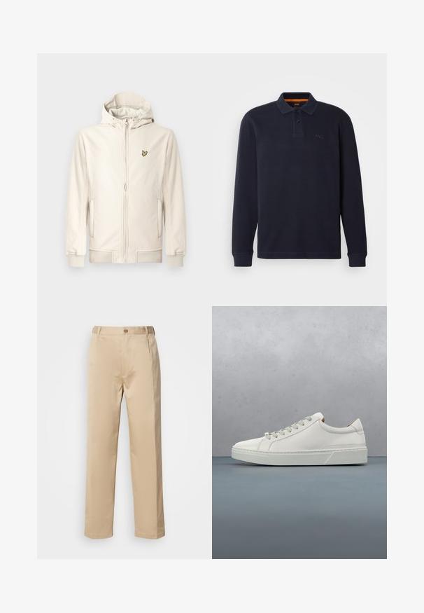Chaqueta con capucha color beige claro hecha de tela suave. Cuenta con cremallera frontal, bolsillos laterales, puños acanalados y un pequeño logo bordado en el pecho.; Polo de manga larga en color navy hecho de tejido texturizado con abertura en el cuello abotonada. Presenta un pequeño logo bordado en el pecho.; Pantalones beige hechos de una tela ligera, con un diseño de pierna recta, cinturilla con trabillas y un solo botón en la parte frontal.; Zapatilla blanca de cuero con punta redondeada, diseño minimalista, cordones grises y suela de goma texturizada gris. Detalles de costura sutiles visibles.