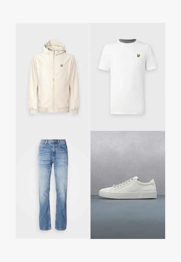 Chaqueta con capucha color beige claro hecha de tela suave. Cuenta con cremallera frontal, bolsillos laterales, puños acanalados y un pequeño logo bordado en el pecho.; Camiseta blanca de algodón con cuello redondo, mangas cortas y ribete gris en el cuello; presenta un pequeño logotipo bordado en amarillo en el pecho.; Jeans de mezclilla azul claro con corte recto, acabado desgastado, cinco bolsillos y cierre de botón. Diseño clásico y grosor medio.; Zapatilla blanca de cuero con punta redondeada, diseño minimalista, cordones grises y suela de goma texturizada gris. Detalles de costura sutiles visibles.