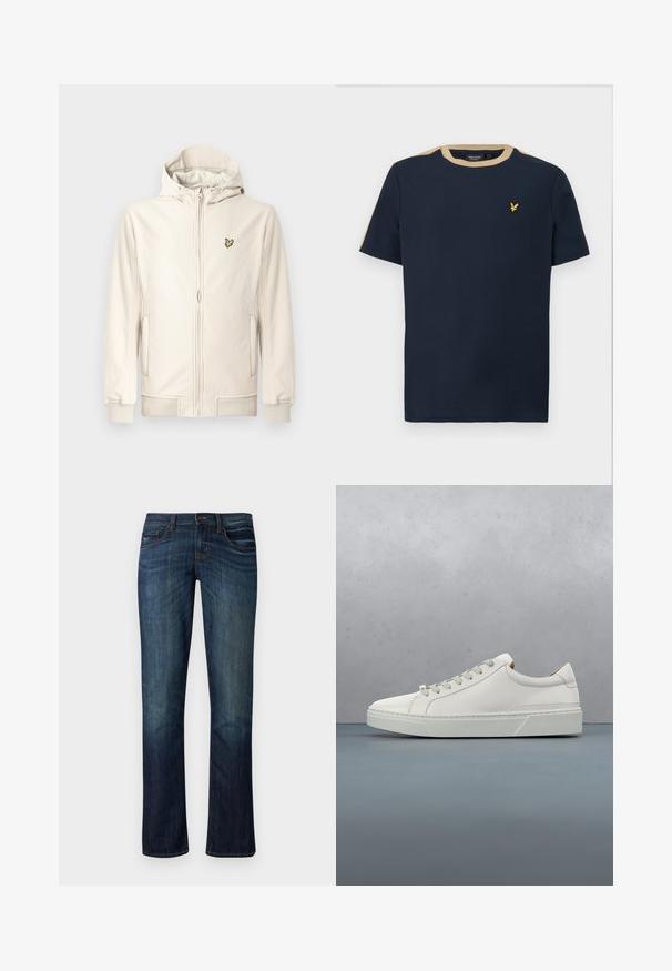 Chaqueta con capucha color beige claro hecha de tela suave. Cuenta con cremallera frontal, bolsillos laterales, puños acanalados y un pequeño logo bordado en el pecho.; Camiseta azul marino de algodón con escote redondo y mangas cortas. Presenta un borde de color beige y un pequeño logo bordado en dorado.; Vaqueros de denim azul oscuro con piernas rectas, cinco bolsillos, un ligero desgaste y acentos de costura. Fabricados con un tejido suave y duradero.; Zapatilla blanca de cuero con punta redondeada, diseño minimalista, cordones grises y suela de goma texturizada gris. Detalles de costura sutiles visibles.