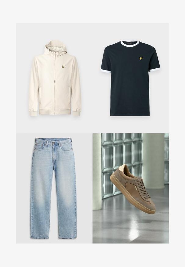 Chaqueta con capucha color beige claro hecha de tela suave. Cuenta con cremallera frontal, bolsillos laterales, puños acanalados y un pequeño logo bordado en el pecho.; Camiseta de algodón azul marino con cuello ribeteado y bordes de las mangas en blanco. Presenta un pequeño logo bordado amarillo a la izquierda del pecho.; Jeans rectos de color azul claro con cinco bolsillos, cierre de botón de metal y detalles deslavados en los muslos y las rodillas, dispuestos sobre un fondo blanco.; Zapatilla deportiva beige casual con cordones y logo "BOSS" flotando sobre un suelo de hormigón pulido con fondo de pared de bloques de vidrio.