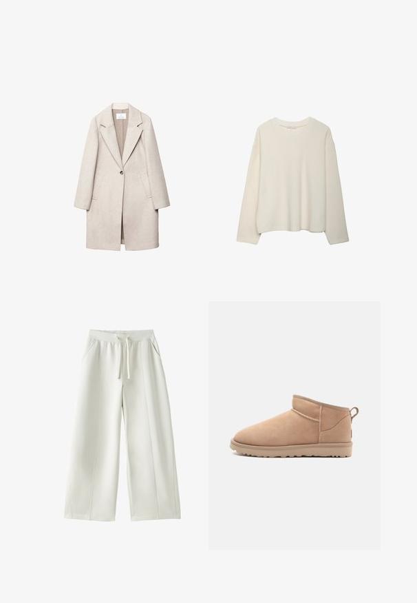 Manteau en laine beige clair avec un col cranté, une fermeture à un bouton, deux poches avant et une coupe décontractée. Fini en tissu texturé.; Pull-over crème à manches longues avec un col rond, d'une coupe décontractée et un col côtelé, présenté sur fond blanc.; Pantalon blanc à jambes larges avec taille élastique, cordon de serrage à l'avant, poches latérales, et détails de coutures visibles sur un fond uni.; Botte de cheville en daim beige avec un bout arrondi, une texture douce, un design simple et une semelle en caoutchouc à profil bas. Dispose d'une languette à l'arrière.
