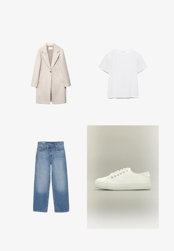Manteau en laine beige clair avec un col cranté, une fermeture à un bouton, deux poches avant et une coupe décontractée. Fini en tissu texturé.; T-shirt blanc uni à manches courtes et col rond, avec un ourlet droit, présenté sur un fond blanc.; Jean large jambe bleu clair en denim ; comporte un design classique à cinq poches, une braguette à fermeture éclair et un léger délavage au niveau des genoux.; Baskets basses blanches avec lacets blancs et semelle en caoutchouc, vues de côté sur un fond neutre.