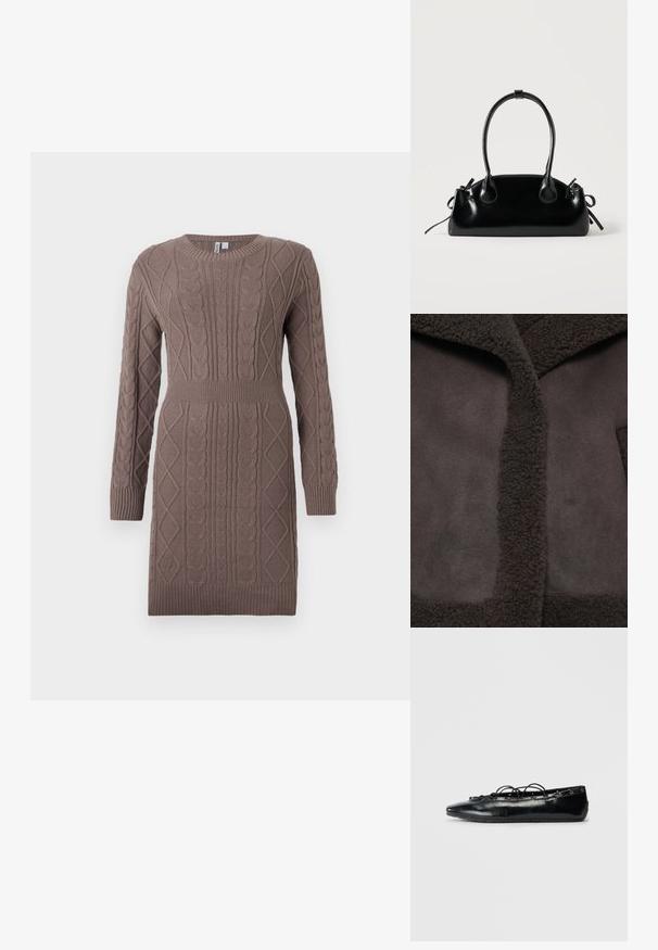 Veste marron avec un col texturé et duveteux et un tissu lisse. Le design comprend une ouverture centrale et une esthétique minimaliste.; Robe en maille torsadée de couleur brun doux, avec un col rond, des manches longues, des poignets côtelés et une taille cintrée.; Bottine plate noire à bout pointu avec un laçage à l'avant et des œillets le long des bords, présentée sur un fond blanc.; Petit sac à main noir brillant avec deux longues anses et des détails à cordon sur les côtés sur un fond clair uni.