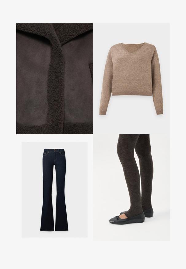 Veste marron avec un col texturé et duveteux et un tissu lisse. Le design comprend une ouverture centrale et une esthétique minimaliste.; Pull en maille beige clair avec décolleté en V, manches longues et ourlet côtelé. Texture douce avec un design légèrement court et sans motifs visibles.; Jean en denim bleu foncé à taille haute, ajusté sur les hanches et les cuisses, évasé en bas.; Jambes portant des leggings côtelés foncés associés à des ballerines noires avec de petits détails en nœud sur fond blanc.