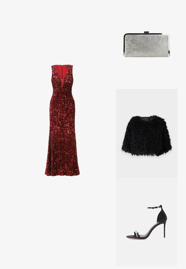 Schwarze, gefälschte Pelzjacke im Cropped-Stil mit einer strukturierten, flauschigen Oberfläche, rundem Ausschnitt und ohne sichtbare Verschlüsse. Futter im Halsbereich sichtbar.; Langes rotes Kleid, das mit Pailletten bedeckt ist, mit tiefem V-Ausschnitt, ärmellosem Design und einer figurbetonten Silhouette, die unten ausgestellt ist.; Schwarze Satinsandalette mit hohem Absatz, dünnem Riemen, Knöchelschnalle und dekorativem Strassakzent am Zehenriemen.; Rechteckige silberne Clutch-Tasche, bedeckt mit kleinen Strasssteinen, mit glänzendem Metallrahmen und Verschluss oben.
