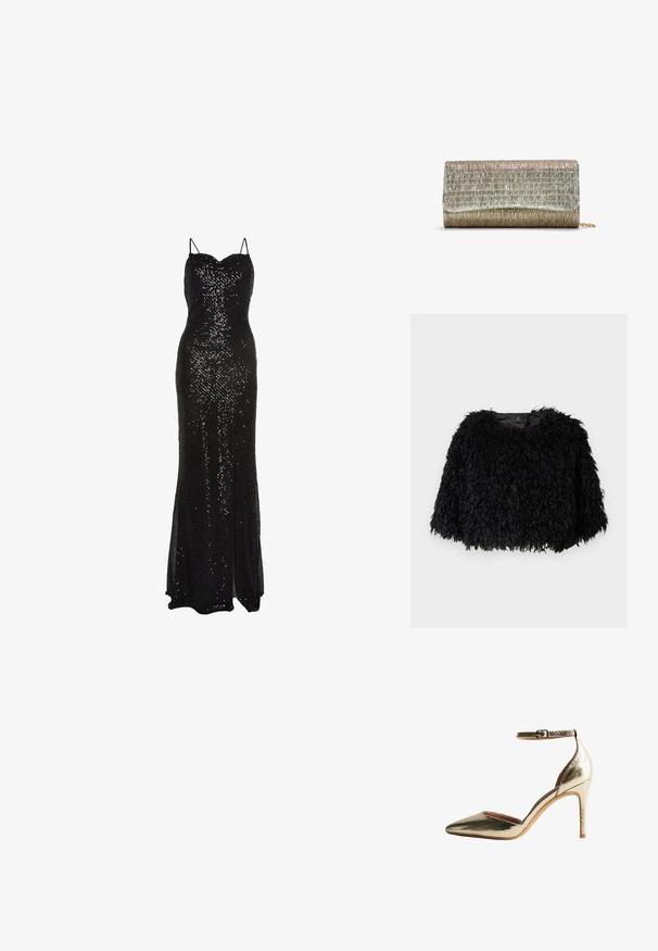 Chaqueta corta de piel sintética negra con un exterior texturizado y esponjoso, cuello redondo y sin cierres visibles. Interior forrado visible en el cuello.; True Decadence Vestido de fiesta - black sequin; Pumps de tacón alto con textura dorada, punta afilada y correa en el tobillo. Presentan un forro interior suave y un tacón stiletto esbelto.; Bolso de mano rectangular con una superficie metálica texturizada, que presenta una combinación de colores en plata y oro y una correa de cadena para llevar.