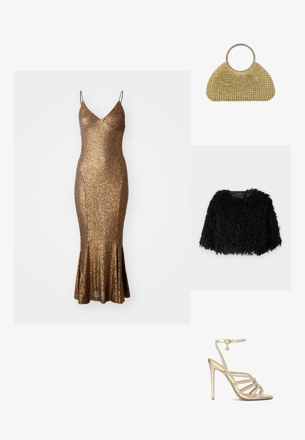 Zwarte nepbont cropped jack met een gestructureerde, fluffy buitenkant, ronde halslijn en zonder zichtbare sluitingen. Gevoerde binnenkant zichtbaar bij de hals.; Gouden pailletten jurk met een aansluitende silhoutte, spaghettibandjes en een uitlopende zoom. De textuur van het oppervlak weerkaatst licht en versterkt de glans.; Gouden hoge hakken sandalen met meerdere kralen-omzoomde banden en een enkelbandje, met een gladde metallic afwerking en een puntige neus.; Gouden mesh avondclutch met groot rond metalen handvat versierd met kristallen, gestructureerde trapeziumvorm en glinsterende details.