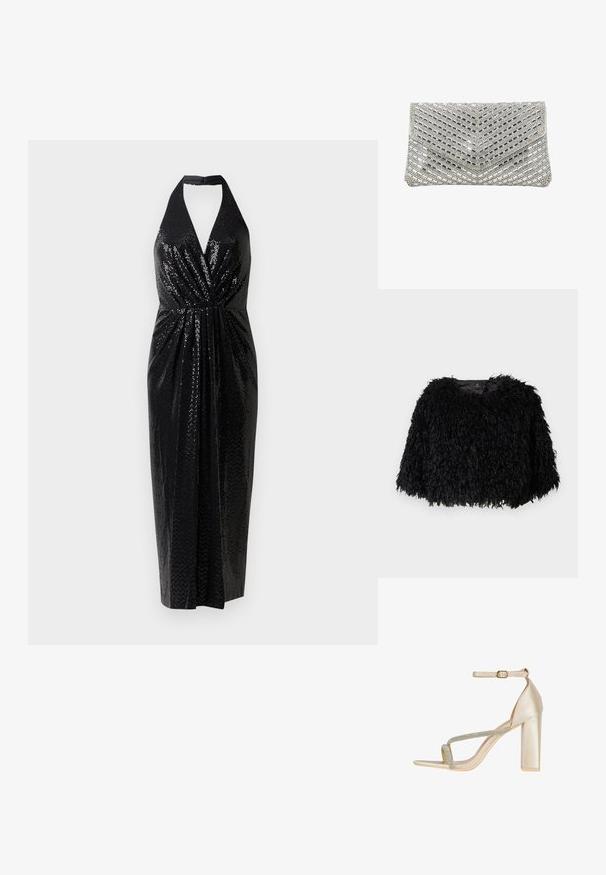 Sort faux fur cropped jakke med en tekstureret, fluffy overflade, rund halsudskæring og ingen synlige lukninger. Foret inderside synlig ved halsen.; Sorte halterneck-kjole lavet af perlebesat stof, med en dyb V-udskæring, samlet talje og en tætsiddende silhuet, der falder til midt på læggen.; Beige højhælede sandal med satin finish, udsmykket med sølvrem, blokhæl, åbent tådesign og ankelrem med et guld spænde.; Rektangulær sølv clutch-taske med et chevronmønster af små og rektangulære reflekterende perler, der dækker den forreste flap.
