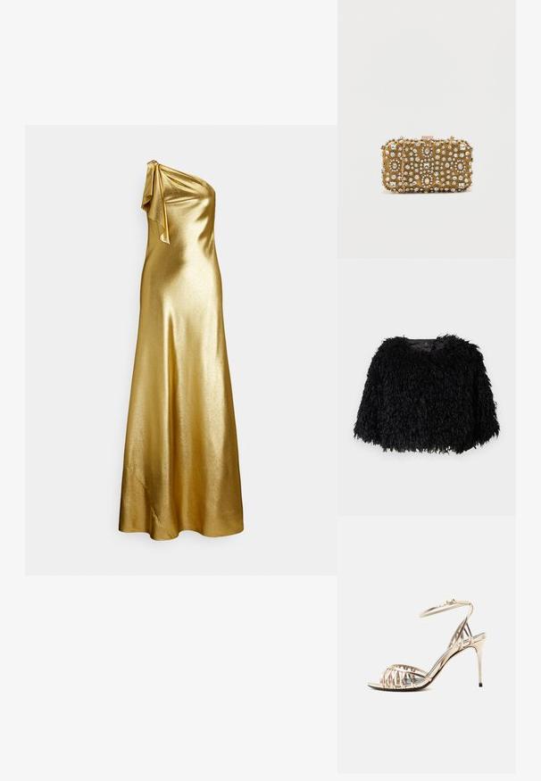 Sort faux fur cropped jakke med en tekstureret, fluffy overflade, rund halsudskæring og ingen synlige lukninger. Foret inderside synlig ved halsen.; Gold satin kjole med én skulder og bindedetalje ved skulderen, med en glat, glansfuld tekstur og gulvlængde.; Guldfarvet sandal med stropper, høje hæle, ankelrem og stilethæl, vist i sideprofil mod en hvid baggrund.; Guldsynk med intrikate perle- og rhinestenforgyldelser. Firkantet form, lås med lukning og en aftagelig kædetræk.