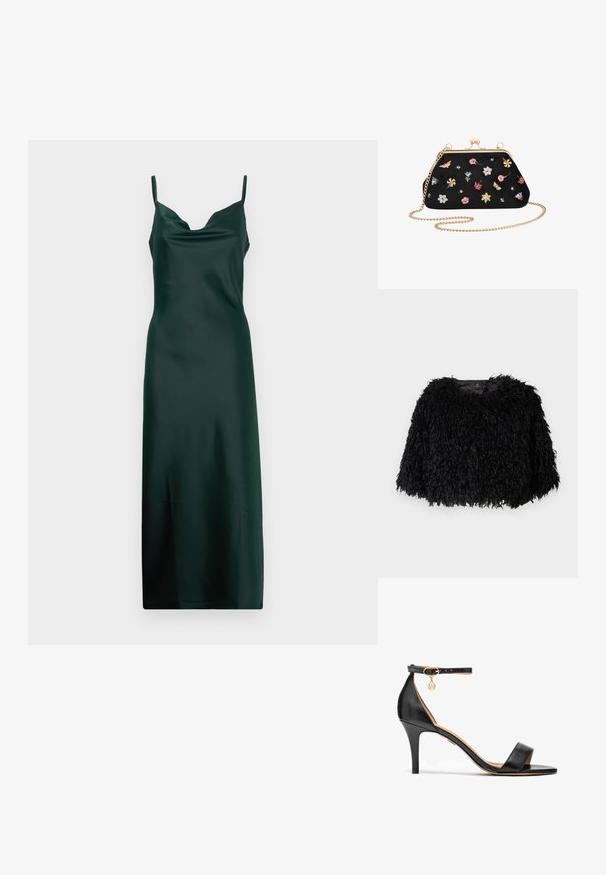 Sort faux fur cropped jakke med en tekstureret, fluffy overflade, rund halsudskæring og ingen synlige lukninger. Foret inderside synlig ved halsen.; Mørkegrøn satin kjole med spaghetti stropper, draperet halsudskæring og en slank, gulvlængde silhuet. Glat tekstur og minimalistisk design.; Sort læder højhælede sandaler med en enkelt rem over tæerne, ankelrem, gul hardware og en slank stilettohæl.; Sort ruskind clutch taske med guldfarvet metalramme, kædestrop og farverig blomster- og sommerfuglebroderi, der pryder overfladen.
