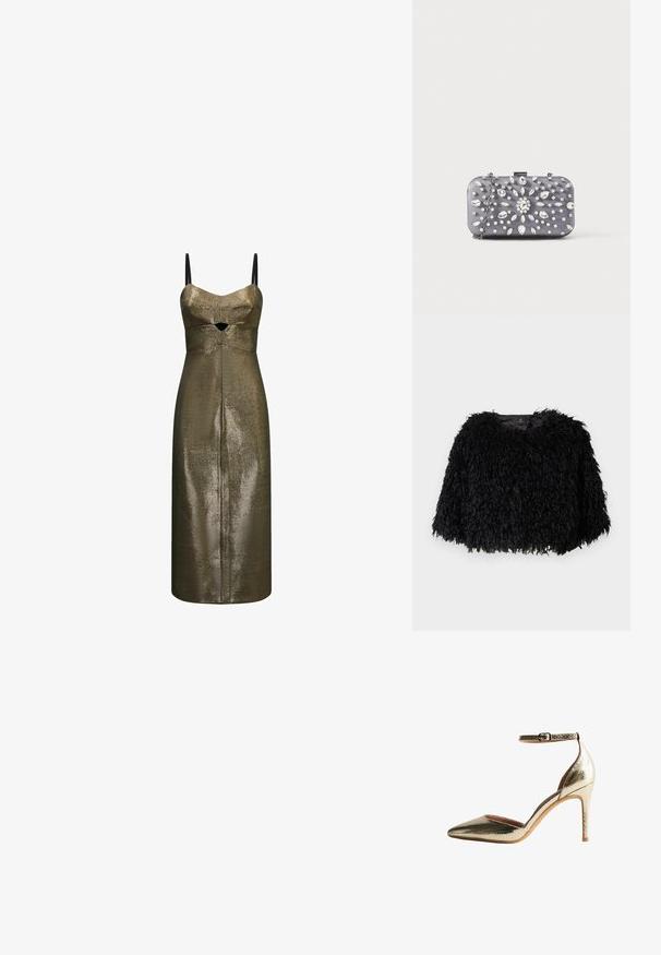 Sort faux fur cropped jakke med en tekstureret, fluffy overflade, rund halsudskæring og ingen synlige lukninger. Foret inderside synlig ved halsen.; Metalisk bronze midi-kjole med tynde sorte stropper og et lille frontudskæring under brystet i et tekstureret stof.; Guldteksturerede højhælede pumps med spids tå og ankelrem. Har en glat inderside og en slank stilettohæl.; Lille rektangulær mørkegrå clutch pyntet med klare rhinsten i et strålende mønster og en sølvkæde som strop.