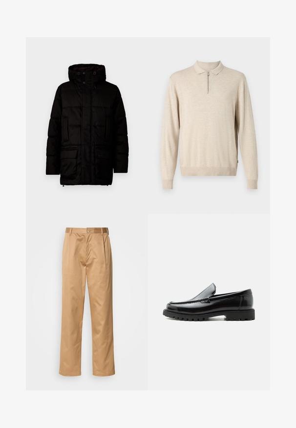 Mustharjast puffer-jakk, millel on kapuuts, tikandiga disain, nööbid, kaks eesmist taskut ja bränding otstes. Sile tekstuur.; Beez pika-salongiga pullover, millel on krae ja lukuga kinnis. Valmistatud pehmest materjalist, millel on ribakujulised varrukasuud ja äär.; Khekilõngid, puuvilla segu, sirge jala disain, ees olevad voldid, vööloopid ja nupuga sulg. Sile tekstuur ilma mustriteta.; Mustast nahast loafers, millel on robustne kummist tald, õmmeldud pealne ja reljeefsete tähtedega brändinimi kannal, külgvaates valgel taustal.