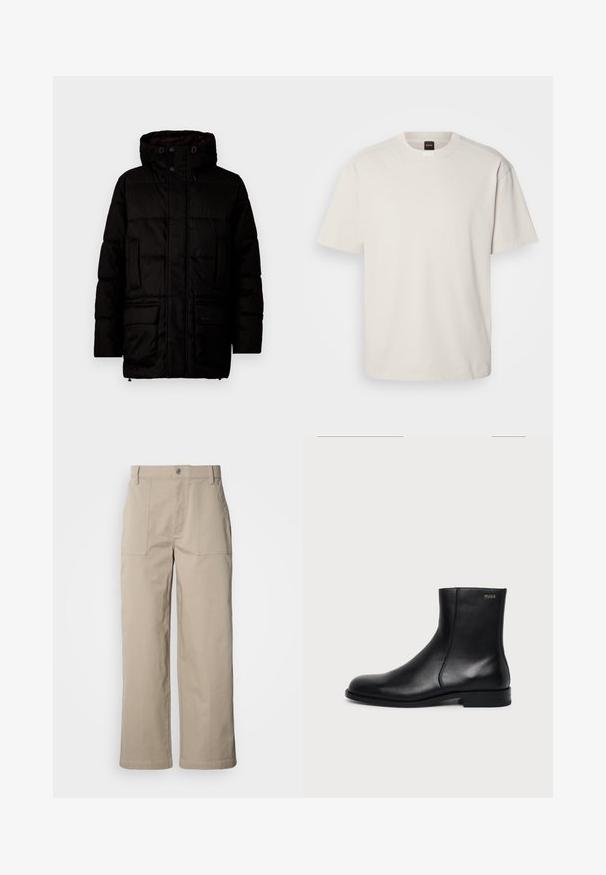 Schwarze Steppjacke mit Kapuze, ausgestattet mit einem gesteppten Design, Druckknöpfen, zwei Fronttaschen und Branding nahe dem Saum. Glatte Textur.; Kurzärmliges T-Shirt mit Rundhalsausschnitt aus Baumwolle in Off-White, mit geradem Schnitt und minimalem Branding am Kragen. Weiche Textur, keine Muster.; Beige Hosen mit weitem Bein aus Baumwolle; mit vorderen aufgesetzten Taschen, einem Knopfverschluss und sichtbaren Nähten entlang der Säume.; Schwarzer Leder-Knöchelstiefel mit niedrigem Absatz, seitlicher Naht und kleinem "HUGO" Logo am oberen Schaft vor einfarbigem Hintergrund.
