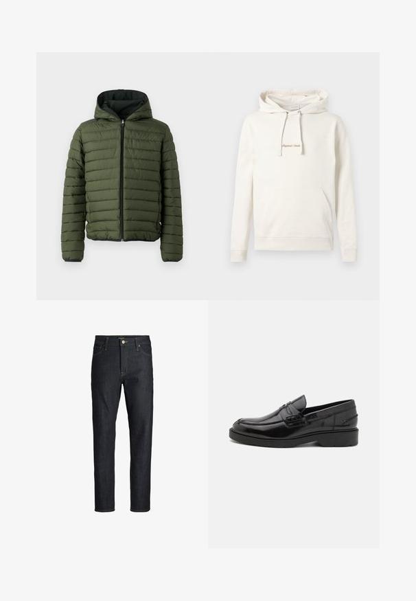 Groene gewatteerde jas met een capuchon, voorzien van horizontale stiksel, een voorrits en zwarte afwerking langs de manchetten en onderkant.; Beige hoodie gemaakt van katoen, met een kangoeroezak, een capuchon met trekkoord en geborduurde "Originals" tekst op de borst.; Donkerblauwe slim-fit jeans met vijf zakken, koperen knoop en gele stiksels, getoond tegen een witte achtergrond.; Zwarte leren instappers met een gladde afwerking, ronde neus, lage hak en decoratieve stiksels aan de voorkant. Rubberen buitenzool voor grip.