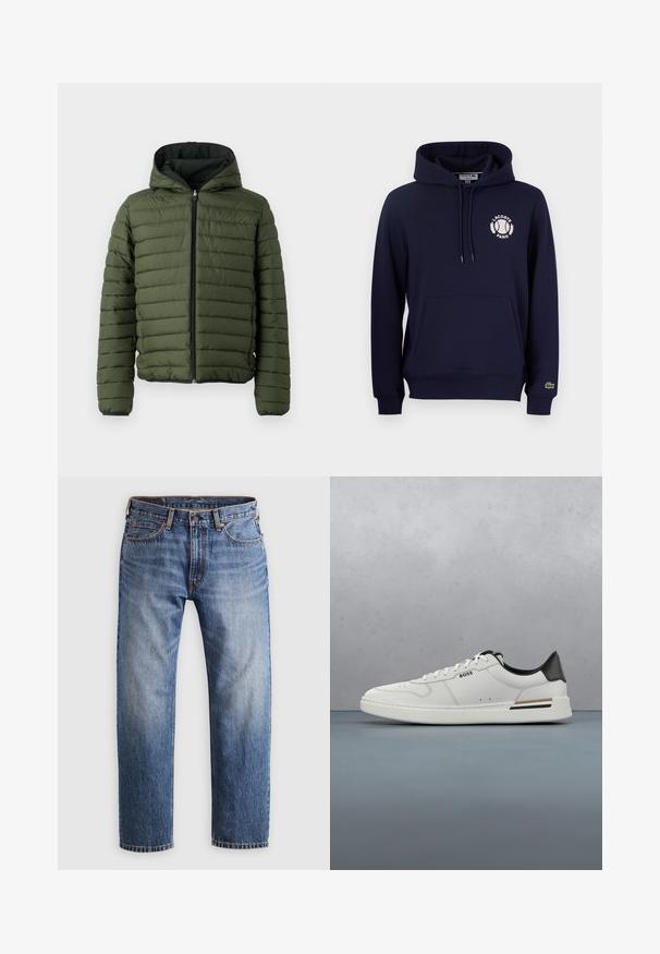 Veste rembourrée verte avec capuche, présentant un matelassage horizontal, une fermeture éclair à l'avant et des finitions noires le long des poignets et de l'ourlet.; Haut à capuche bleu marine en mélange de coton, avec une poche kangourou à l'avant, un capuchon à cordon de serrage, et un logo Lacoste blanc avec un motif de tennis.; Jeans en denim bleu à jambe droite avec fermeture à bouton et fermeture éclair, cinq poches et coutures orange sur un fond gris clair.; Sneaker basse blanche avec talon noir, fermeture à lacets, perforations subtiles et logo "BOSS" sur le côté, vue depuis le profil extérieur.