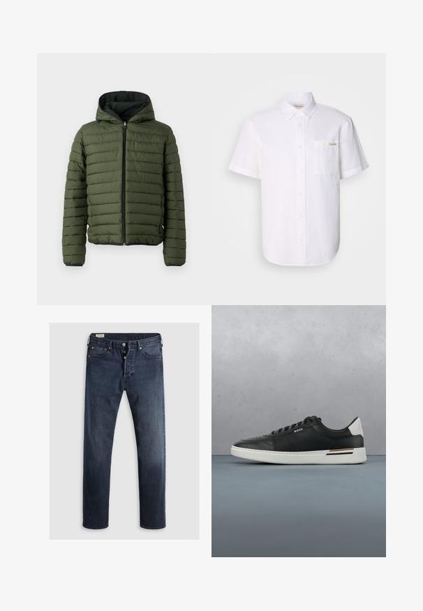 Veste rembourrée verte avec capuche, présentant un matelassage horizontal, une fermeture éclair à l'avant et des finitions noires le long des poignets et de l'ourlet.; Chemise blanche à manches courtes, boutonnée, en tissu léger, dotée d'une poche poitrine et d'un discret logo. Texture lisse et col classique.; Jeans en denim bleu foncé avec une coupe droite, dotés d'un zip et de boutons en métal, ainsi que d'accents de rivets en cuivre. Texture lisse, sans motifs visibles.; Sneaker en cuir noir avec semelle blanche, présente des perforations, un design à lacets, logo sur le côté et détail de talon contrasté en blanc et marron.