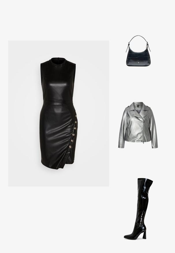 Veste de moto en simili cuir argenté avec un col en pointe, une fermeture éclair à l'avant et des poches latérales. Présente une texture lisse et une finition métallique.; Robe sans manches en cuir noir avec un col haut, une silhouette ajustée, un ourlet asymétrique et des boutons décoratifs le long de la couture latérale.; Bottes montantes en cuir verni noir, avec un bout pointu, un talon carré et une texture lisse et brillante. Elles ne comportent aucune quincaillerie visible.; Sac à bandoulière en cuir noir avec texture crocodile et fermoir argenté, avec une sangle réglable ornée de détails en chaîne sur fond blanc.