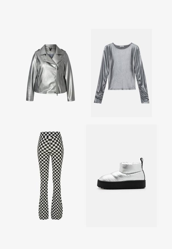 Hopeat keinonahkainen moottoripyöräjacket, jossa on viistetty kaulus, vetoketjukiinnitys edessä ja sivutaskut. Ominaisuuksiin kuuluu sileä pinta ja metallinen viimeistely.; Hopeapintainen pitkähiha, jossa on sileä ja kiiltävä pinta. Ominaisuutena pyöreä pääntie ja rypytetty yksityiskohta hihojen päässä.; Mustat ja valkoiset ruudulliset leveälahkeiset housut, joissa on joustava vyötärö. Materiaali näyttää sileältä, ja housut ovat kireät nilkkaan saakka.; Hopeakukka ankle boot, jossa on pyöristetty kärki, musta alusta ja elastinen yläosa. Includes ommeltuja yksityiskohtia päällisessä.
