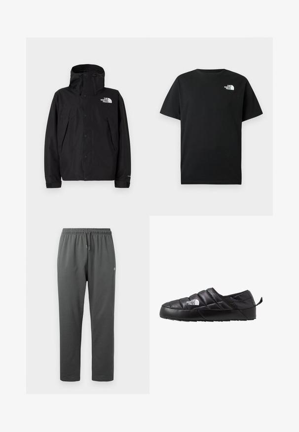Veste imperméable noire avec capuche, dotée d'un zip à l'avant et de boutons-pression. Comprend un logo sur la poitrine et des poignets ajustables.; T-shirt en coton noir à manches courtes, col rond, avec un logo blanc sur le côté gauche de la poitrine. Design simple et épuré.; Pantalon de survêtement en polaire gris foncé avec taille élastique et cordon de serrage, avec un petit logo sur la cuisse droite.; Chaussure noire à enfiler avec un design matelassé, fabriquée en matériau rembourré. Elle présente une semelle en caoutchouc texturée et une petite languette à l'arrière.