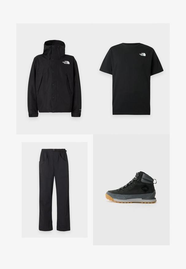 Chaqueta negra impermeable con capucha, presenta un cierre frontal con cremallera y botones de presión. Incluye un logo en el pecho y puños ajustables.; Camiseta de algodón negra con mangas cortas, cuello redondo y logotipo blanco en el pecho izquierdo. Diseño simple, sin adornos.; Pantalones negros de pierna recta con cintura elástica y cinturón ajustable con hebilla, con bolsillos delanteros y laterales.; Botas de senderismo negras de caña alta, hechas de ante texturizado y materiales sintéticos, con acentos grises, suela de goma robusta y cordones grises.