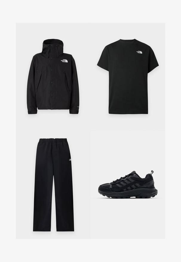 Veste imperméable noire avec capuche, dotée d'un zip à l'avant et de boutons-pression. Comprend un logo sur la poitrine et des poignets ajustables.; T-shirt noir à manches courtes en coton. Présente un logo blanc sur le côté gauche de la poitrine. Coupe simple avec un col rond et des détails de design minimalistes.; Pantalon droit à taille élastique noire avec petit logo blanc sur la partie supérieure de la cuisse droite, présenté à plat sur un fond clair.; Chaussures de sport noires avec une tige en mesh texturé et en suède, bout renforcé et semelle extérieure robuste. Présente un design à lacets et une languette.