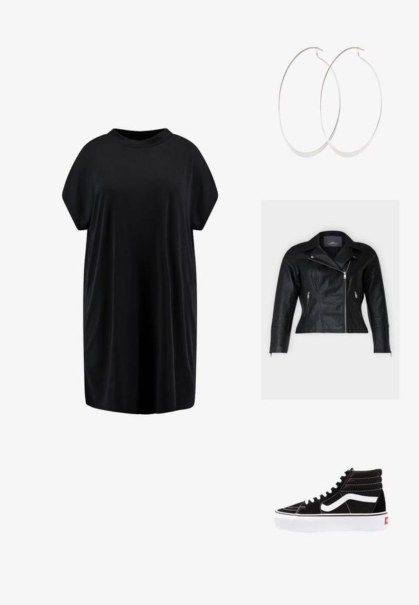 Sort læder bikerjakke med en tætsiddende pasform, klippede revers, to lynlåsforan lommer og strukturerede skulderdetaljer.; Urban Classics Jerseykjole - black; Sorte høj-top sneakers med hvide snørebånd, et hvidt logo og kontrasterende hvid syning. Har en tyk hvid sål og struktureret ruskindsoverdel.; Sølv hoops øreringe med et tyndt, glat design; langstrakt oval form; poleret finish; har en sikker krog lukning.