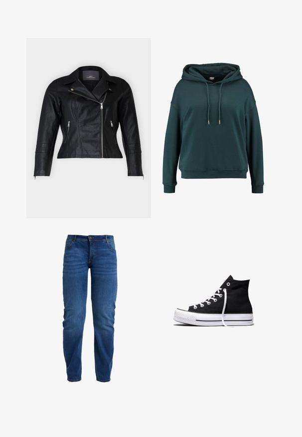 Schwarze Leder-Bikerjacke mit tailliertem Schnitt, eingekerbten Revers, zwei Reißverschlussfronttaschen und strukturierten Schulterakzenten.; Dunkelgrüne Kapuzenjacke aus weichem Stoff, mit einer Front-Kängurutasche, verstellbaren Kordeln und gerippten Bündchen und Saum.; Blaue Jeans aus Denim mit geradem Bein, fünf Taschen-Design und subtilen Ausbleichungen. Mit Knopfverschluss und gestickten Details.; Schwarzer High-Top-Canvas-Sneaker mit weißer Gummisohle und weißen Schnürsenkeln, seitlich dargestellt vor weißem Hintergrund.