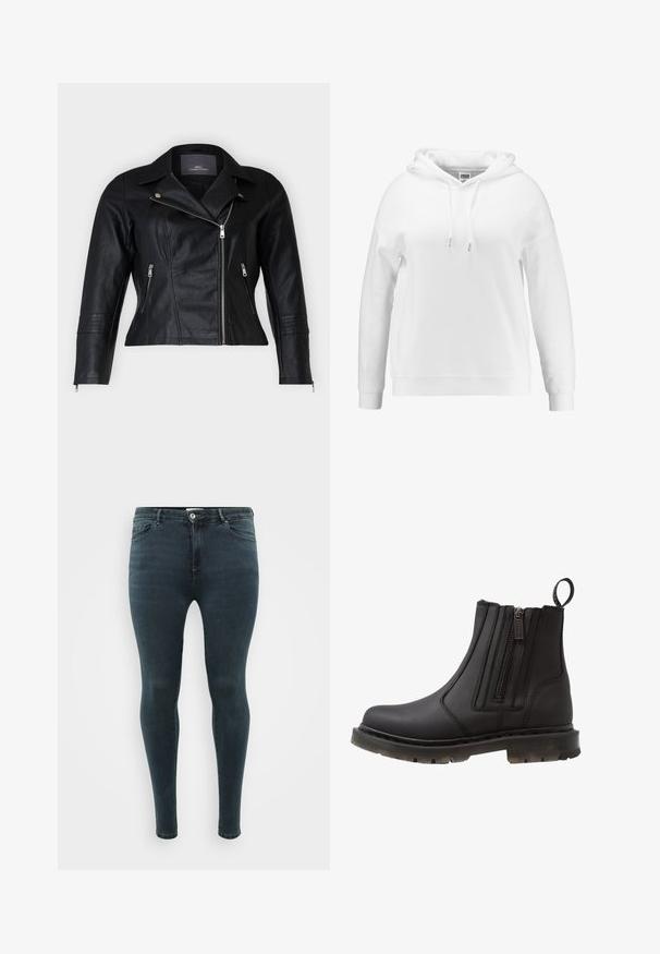 Schwarze Leder-Bikerjacke mit tailliertem Schnitt, eingekerbten Revers, zwei Reißverschlussfronttaschen und strukturierten Schulterakzenten.; Weißer Hoodie mit lockerer Passform, Kordeln an der Kapuze, gerippten Bündchen und Saum. Aus weichem Stoff mit glatter Textur gefertigt.; Dunkelblaue Skinny Jeans aus Denim, mit einem klassischen Fünf-Taschen-Design, Druckknopf- und Reißverschluss, sowie einer glatten Textur.; Schwarze synthetische Knöchelboots mit doppeltem Reißverschluss, runder Zehenform, strukturiertem Sohlenprofil und Zuglasche an der Rückseite für einfaches An- und Ausziehen.