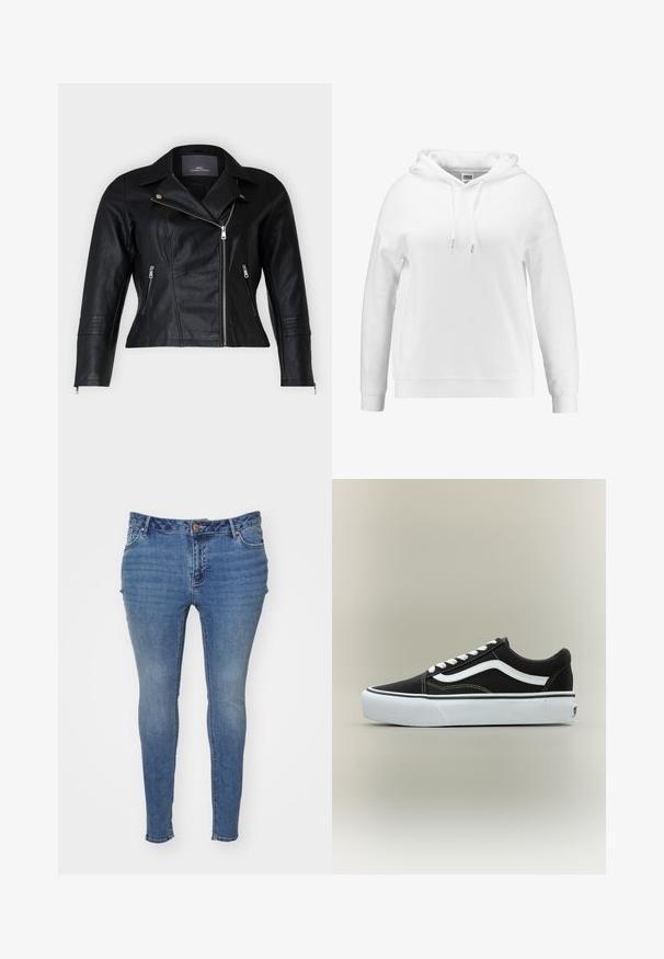 Chaqueta de moto de cuero negro con un corte ajustado, solapas muesca, dos bolsillos frontales con cremallera y acentos texturizados en los hombros.; Sudadera blanca con un corte relajado, cordones en la capucha, puños y dobladillo de canalé. Elaborada con un tejido suave y de textura lisa.; Vaqueros ajustados de denim en tonos azules con un acabado desgastado. Presentan un diseño de cinco bolsillos y un cierre de botón en la cintura.; Zapatilla deportiva negra de corte bajo con raya lateral blanca, cordones blancos, suela de goma blanca y puntera texturizada sobre fondo neutro.