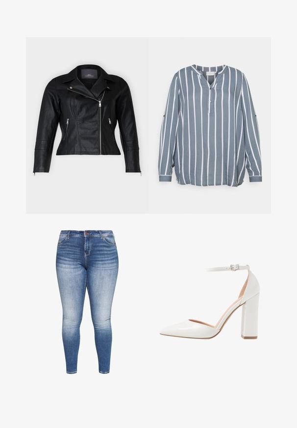 Chaqueta de moto de cuero negro con un corte ajustado, solapas muesca, dos bolsillos frontales con cremallera y acentos texturizados en los hombros.; Blusa de manga larga a rayas azul y blanca con escote en V, tapeta de botones y corte relajado, hecha de una tela ligera con una textura suave.; Jeans ajustados de denim azul con cintura alta, que presentan un lavado desgastado, cinco bolsillos y un cierre de botón. Textura suave y diseño ajustado.; Zapato de tacón alto de charol blanco con un lado abierto, punta afilada, tira en el tobillo con hebilla y un tacón ancho.