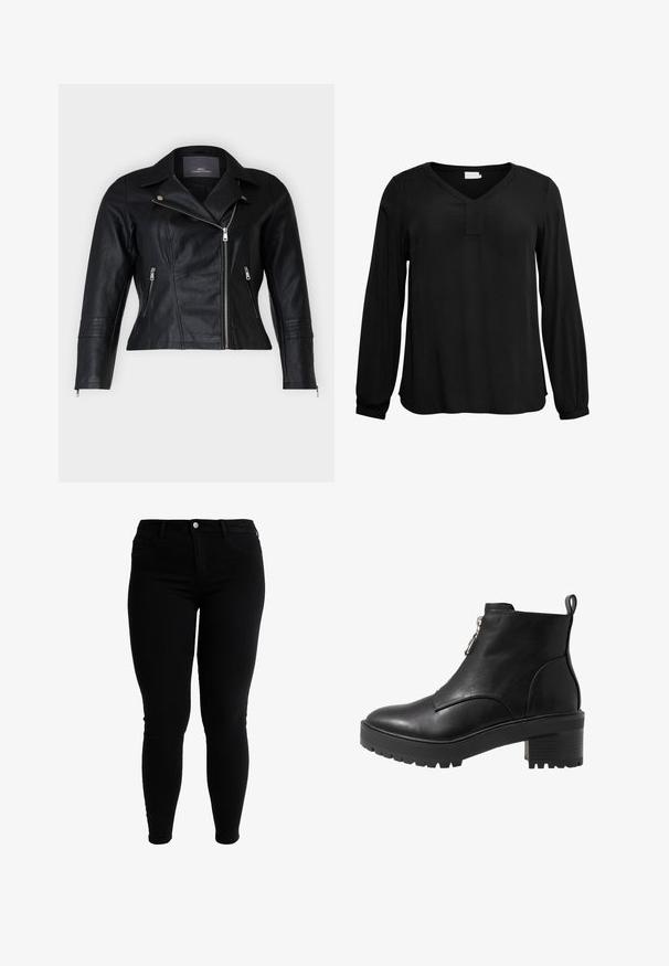 Schwarze Leder-Bikerjacke mit tailliertem Schnitt, eingekerbten Revers, zwei Reißverschlussfronttaschen und strukturierten Schulterakzenten.; Schwarze Langarmbluse mit V-Ausschnitt, dezent strukturiert und mit geradem Schnitt. Verfügt über ein kleines Schlüsselloch-Detail am Ausschnitt.; Schwarze hochtaillierte Skinny-Jeans mit vorderem Knopf, Gürtelschlaufen und Fronttaschen, vor einem weißen Hintergrund präsentiert.; Schwarze Leder-Ankle-Boots mit einem seitlichen Reißverschluss, robustem schwarzen Absatz und strukturiertem Sohlen für besseren Halt. Glatte Oberfläche mit minimalen Akzenten.