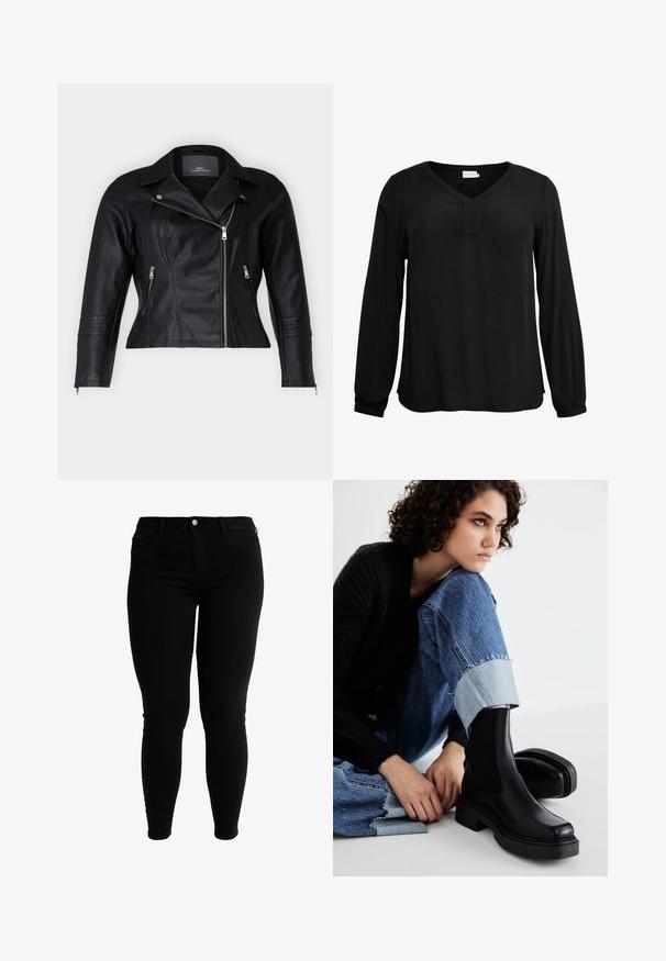 Schwarze Leder-Bikerjacke mit tailliertem Schnitt, eingekerbten Revers, zwei Reißverschlussfronttaschen und strukturierten Schulterakzenten.; Schwarze Langarmbluse mit V-Ausschnitt, dezent strukturiert und mit geradem Schnitt. Verfügt über ein kleines Schlüsselloch-Detail am Ausschnitt.; Schwarze hochtaillierte Skinny-Jeans mit vorderem Knopf, Gürtelschlaufen und Fronttaschen, vor einem weißen Hintergrund präsentiert.; Schwarze Knöchelstiefel mit elastischen seitlichen Einsätzen, dicker Sohle und quadratischer Zehenform. Getragen mit ausgebleichten blauen Jeans mit einem fransigen Saum.
